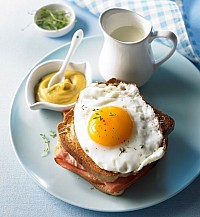 Cheese ham Toast topped with a fried egg sided with fresh mustard and herbs
